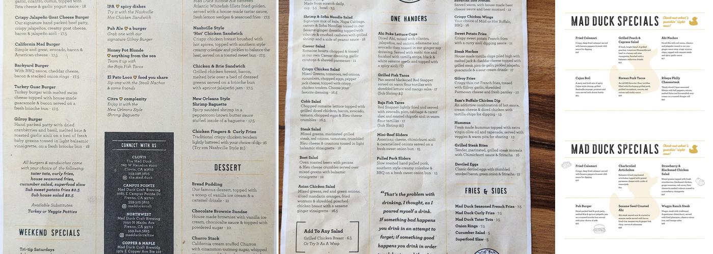 Mad Duck Craft Brewing Copper Menu