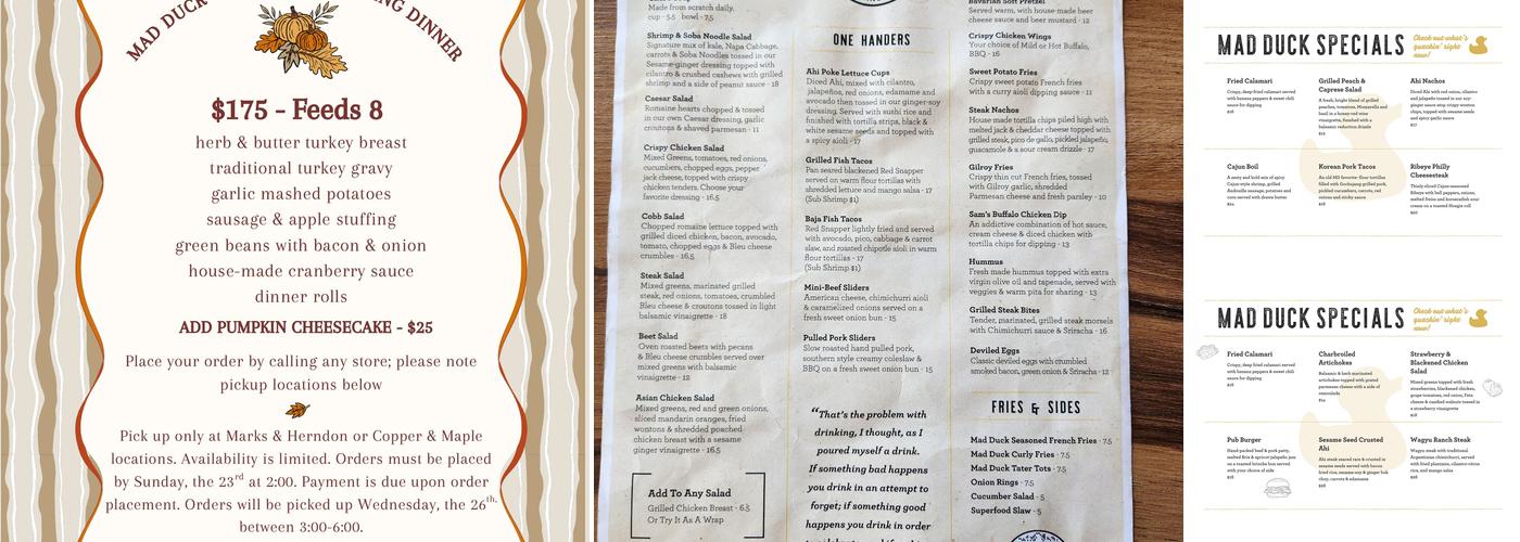 Mad Duck Craft Brewing Copper Menu