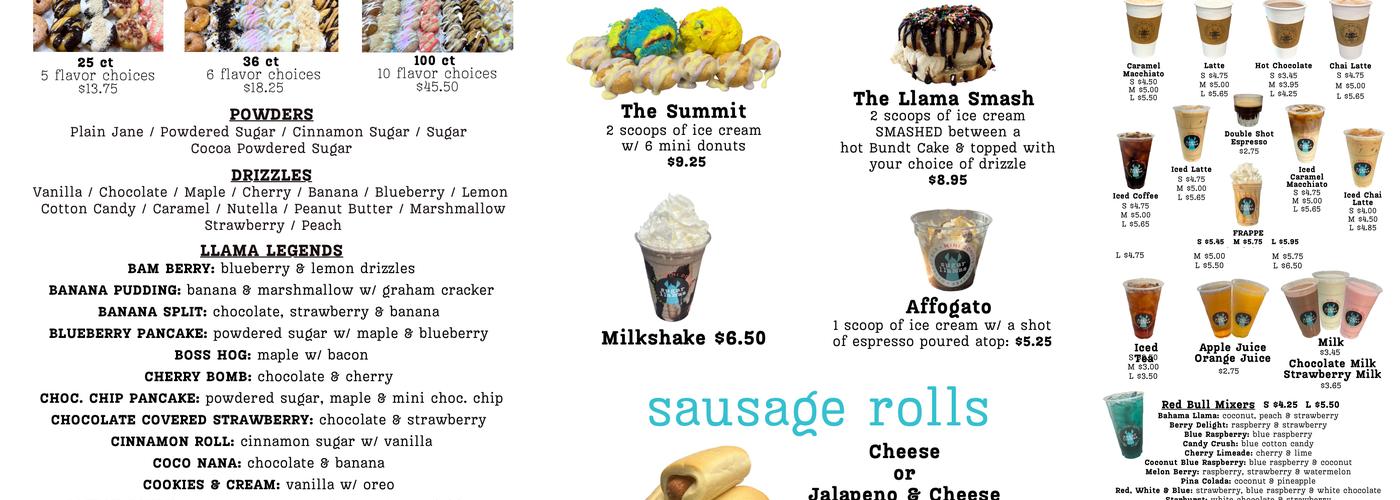 Sugar Llamas- Mini Donuts, Coffee and Ice Cream Menu