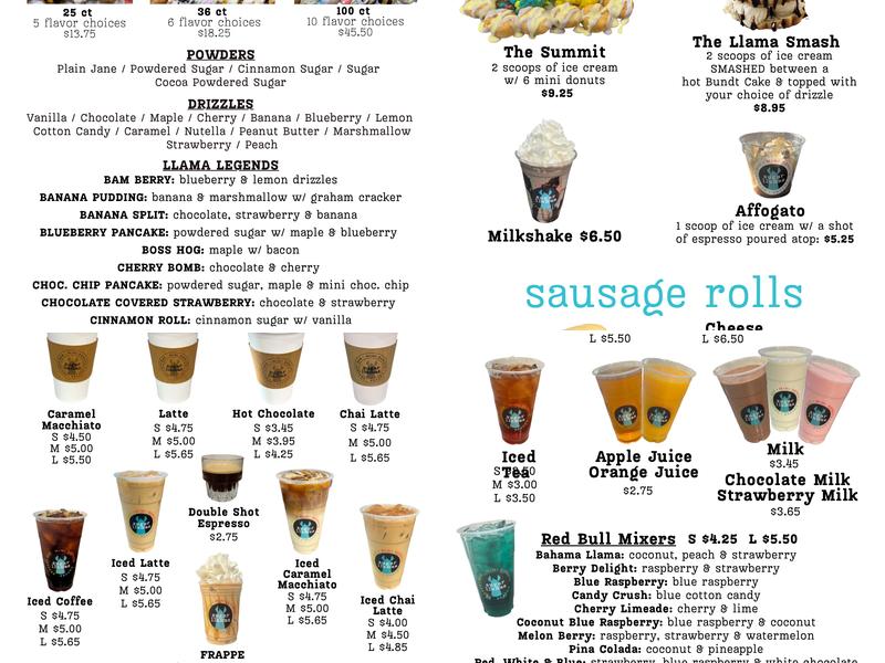 Sugar Llamas- Mini Donuts, Coffee and Ice Cream Menu