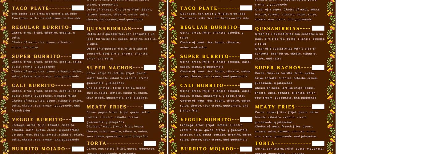 Alva's Food Truck Menu