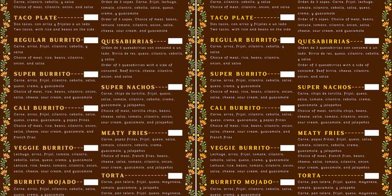 Alva's Food Truck Menu