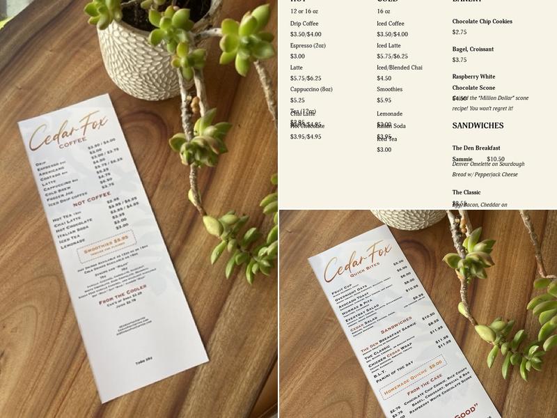 Cedar Fox Coffee Menu