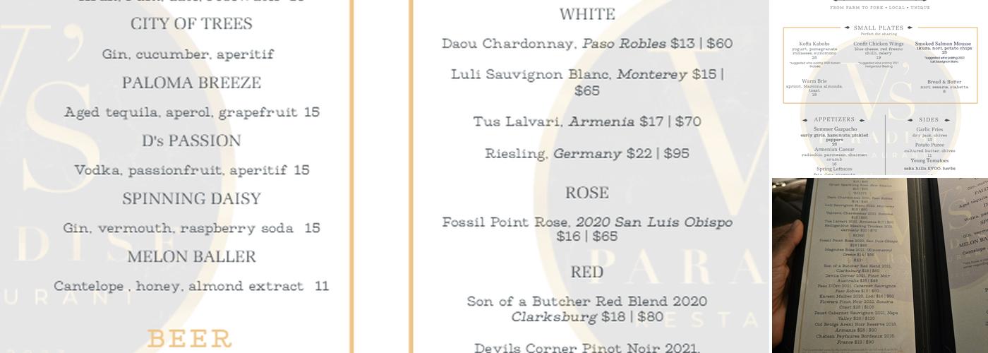 V's Paradise Menu