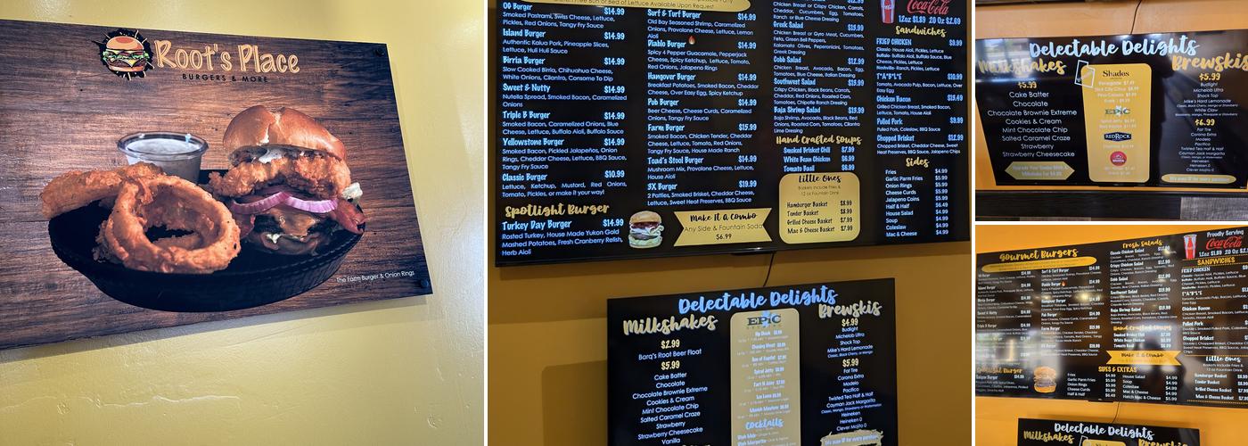 Root's Place Burgers & More Menu