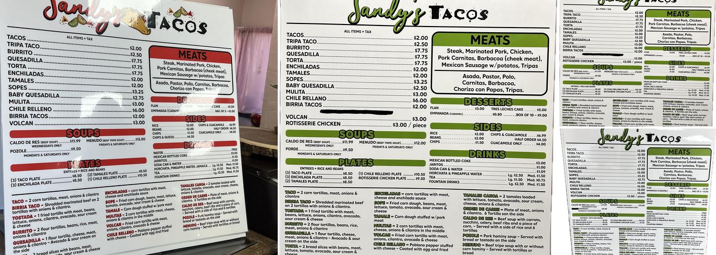Sandy's Tacos Menu