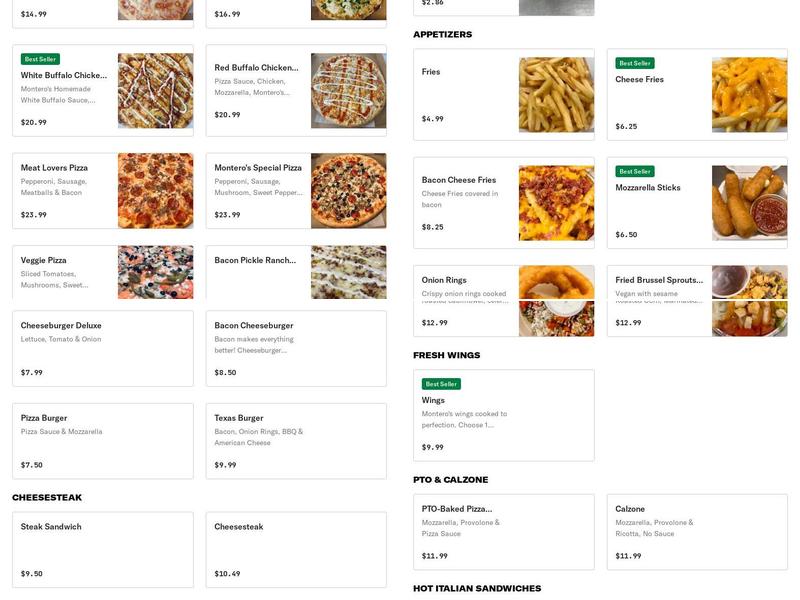 Montero's Pizza Menu