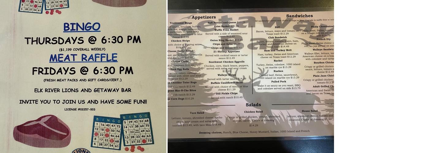 Getaway Bar and Grill Menu