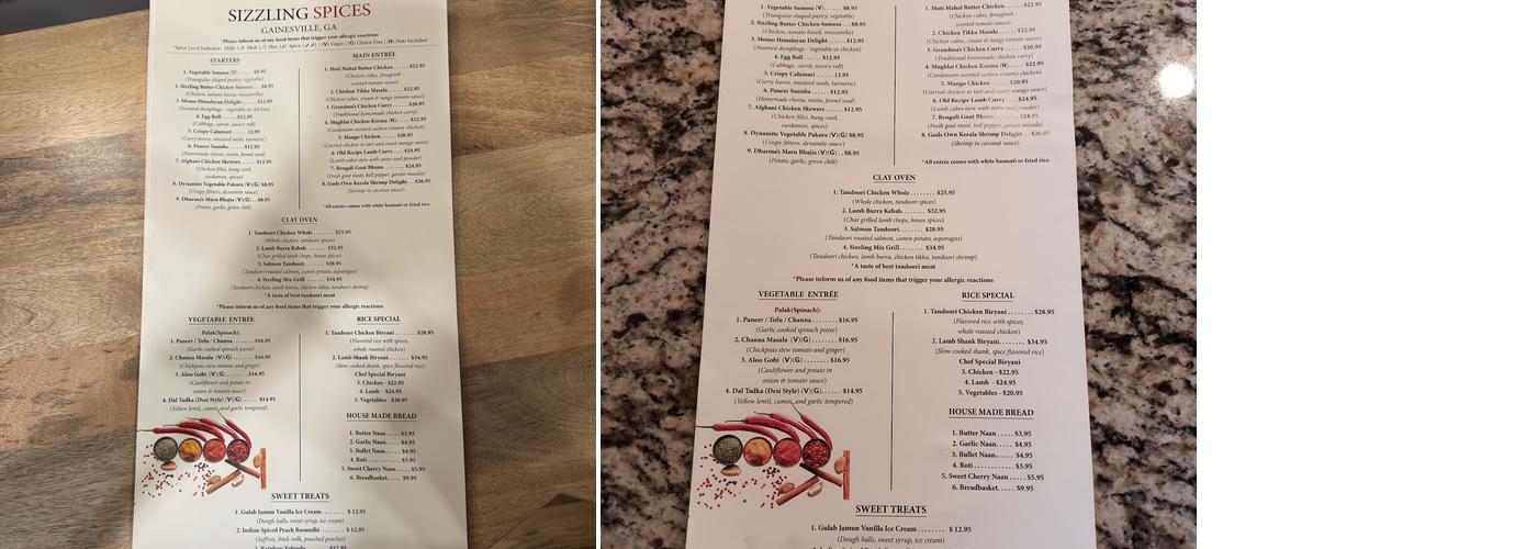 Sizzling Spices Menu