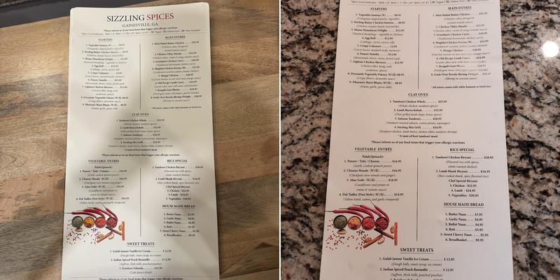 Sizzling Spices Menu