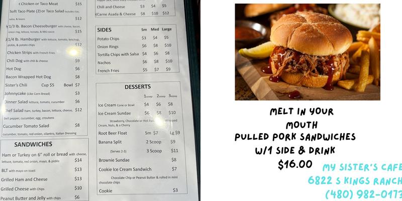 My Sister's Cafe Menu