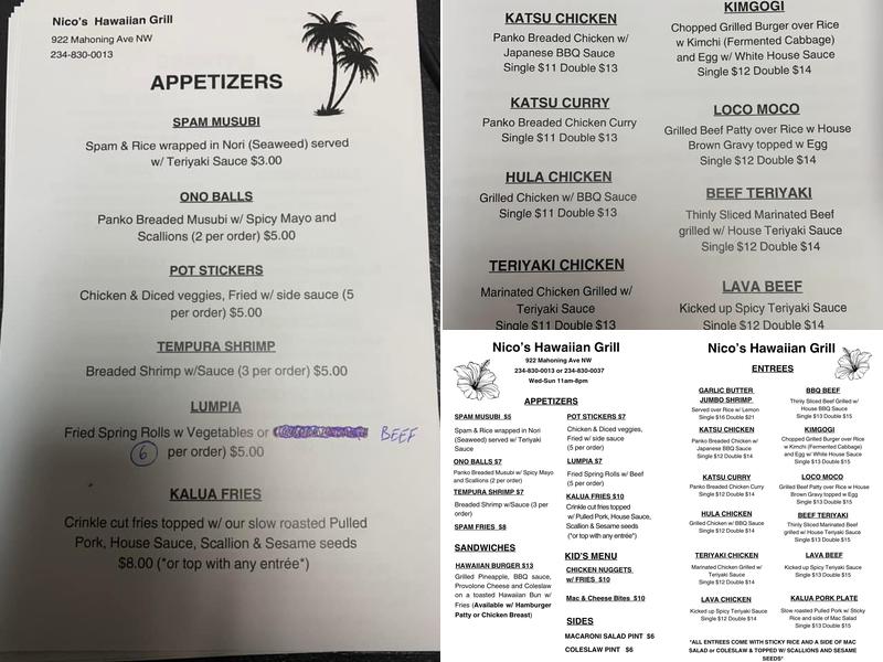 Nico’s Hawaiian Grill Menu