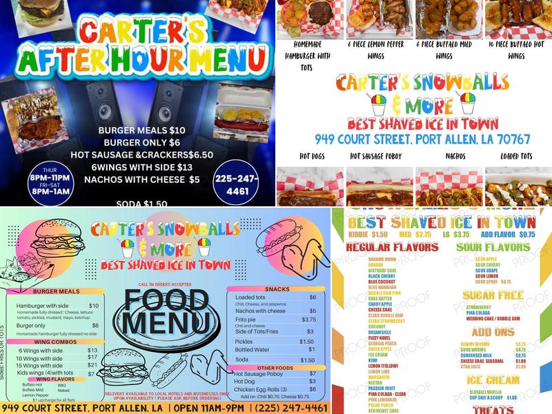 Carter’s Snowballs and More Menu