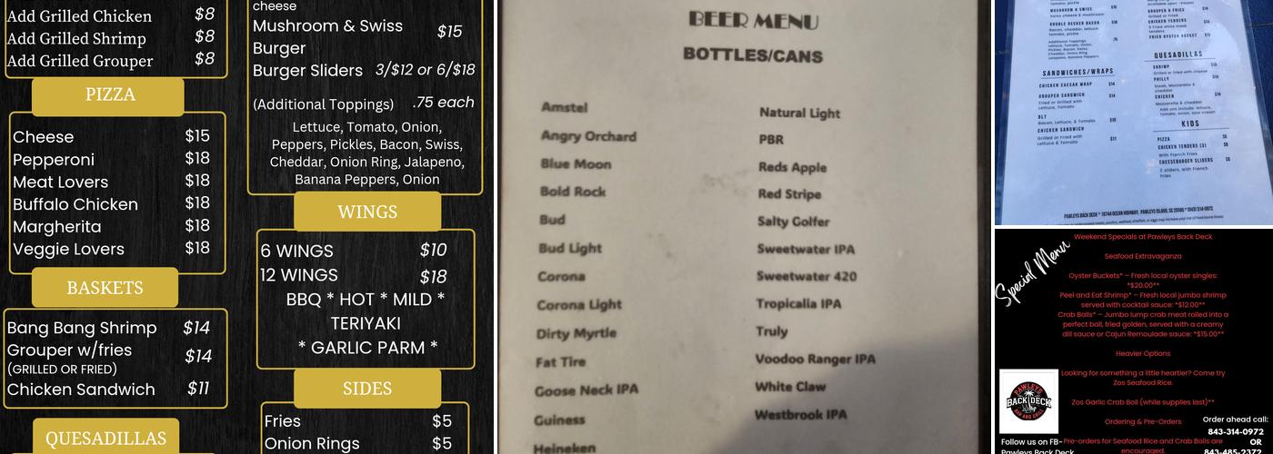 Pawleys Back Deck Menu