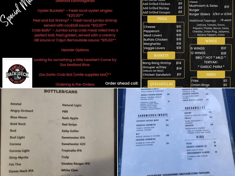 Pawleys Back Deck Menu