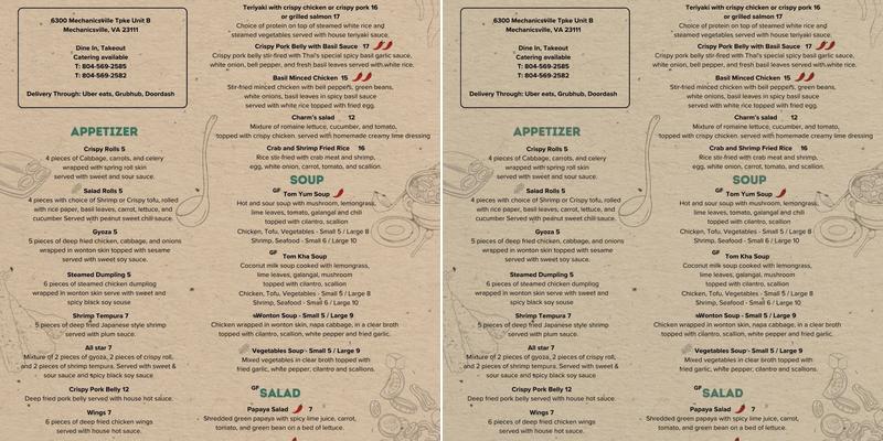 Charm Thai Bistro Menu