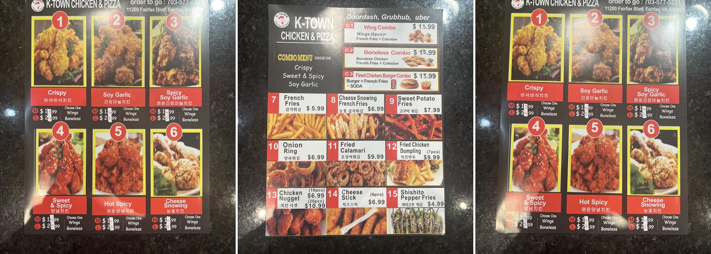 K-TOWN Chicken and Pizza Menu
