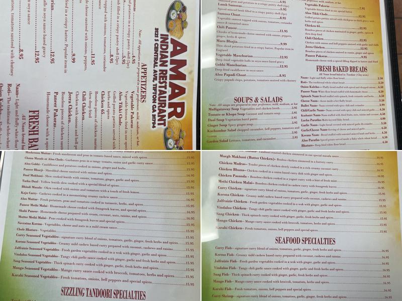 Amar Indian Restaurant Menu