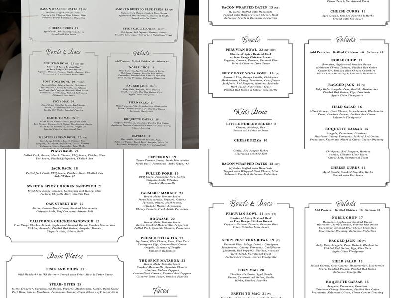 The Noble Fox Restaurant & Brewery Menu