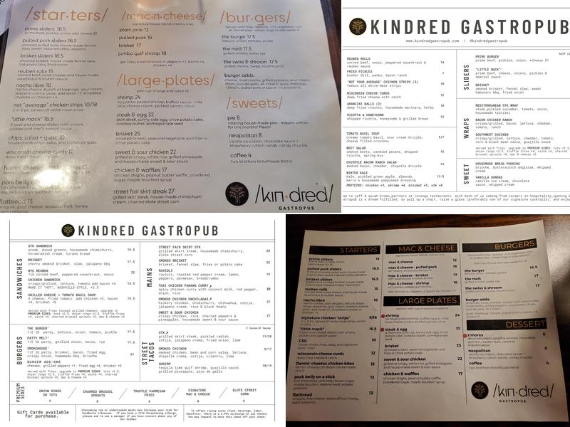 Kindred Gastropub Menu