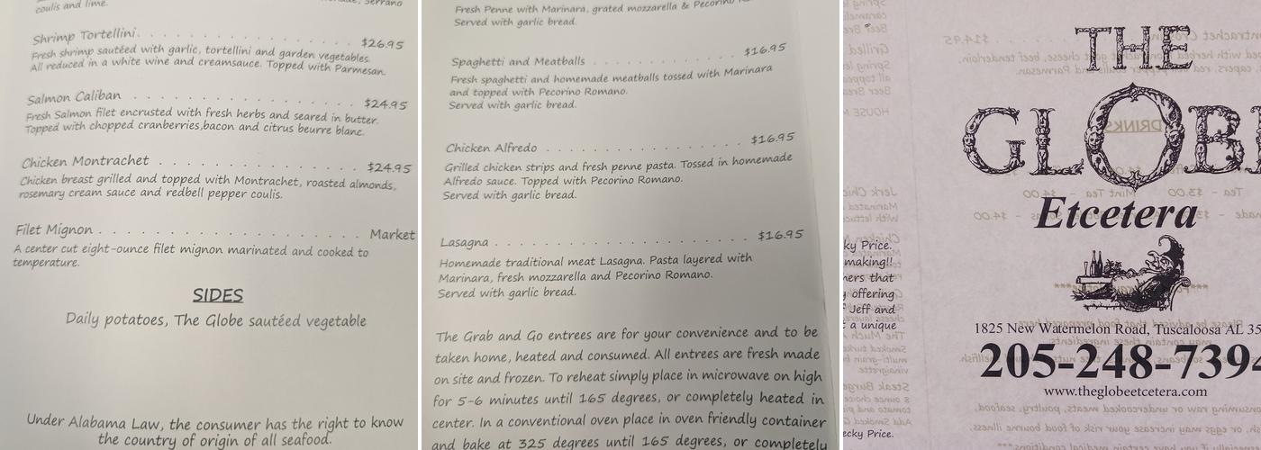 The Globe Etcetera Menu