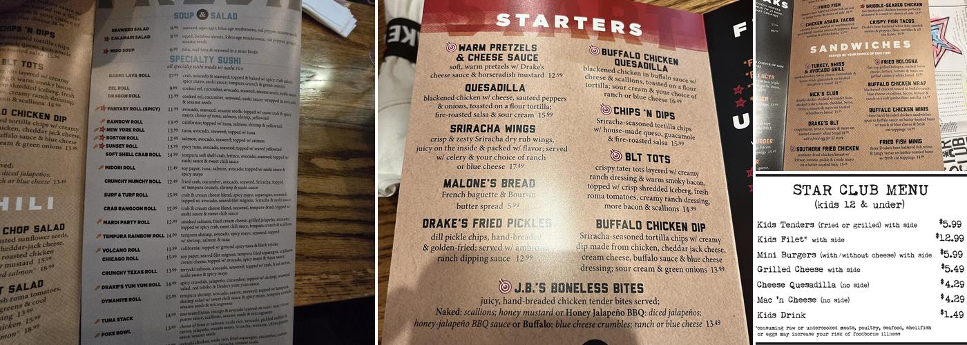 Drake's Pikeville, KY Menu