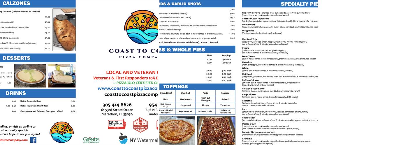 Coast To Coast Pizza Company FTL Menu