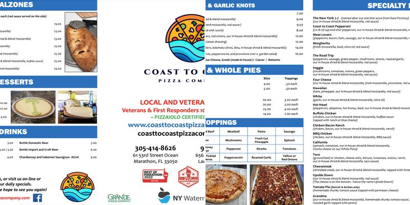 Coast To Coast Pizza Company FTL Menu