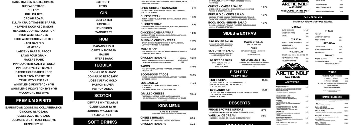 Arctic Wolf Ale House Menu