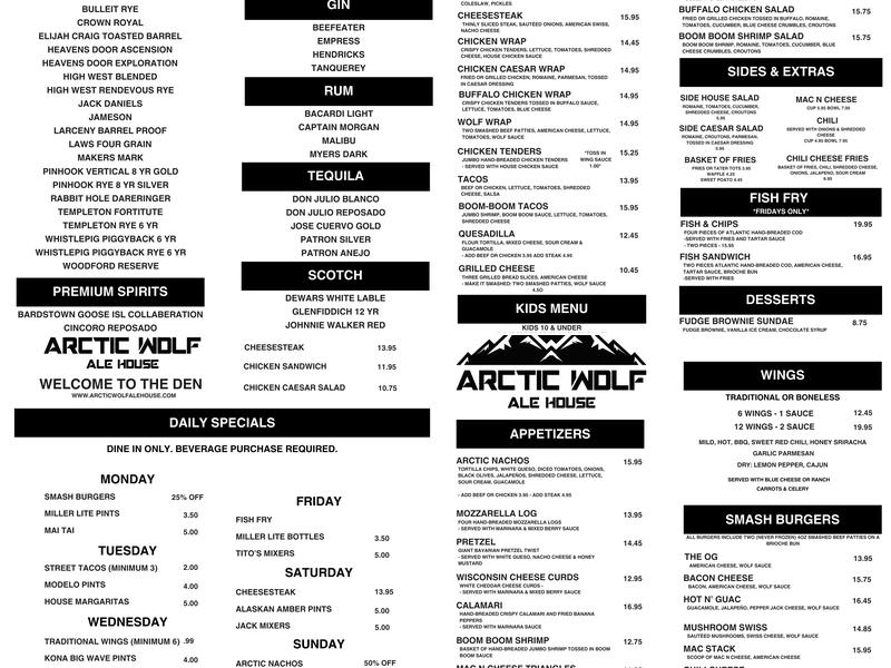 Arctic Wolf Ale House Menu