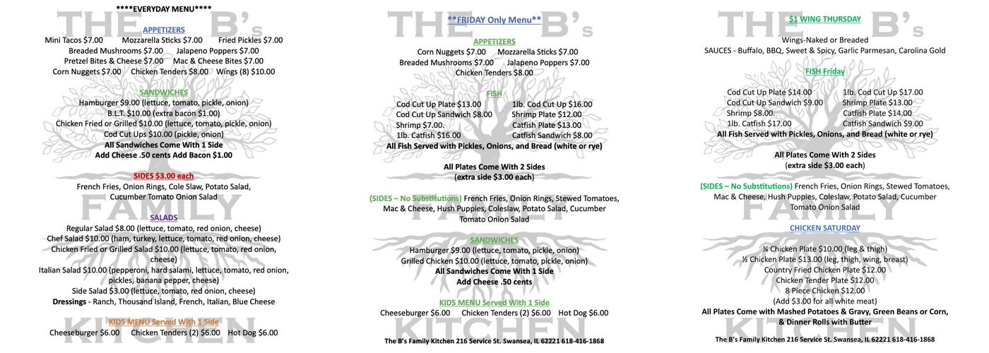 The B's Family Kitchen Menu