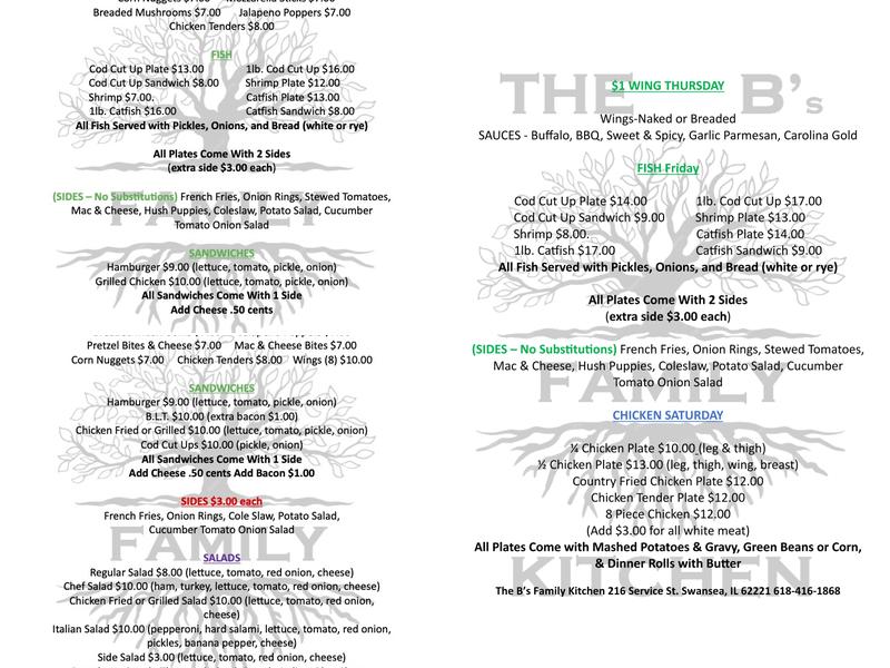 The B's Family Kitchen Menu