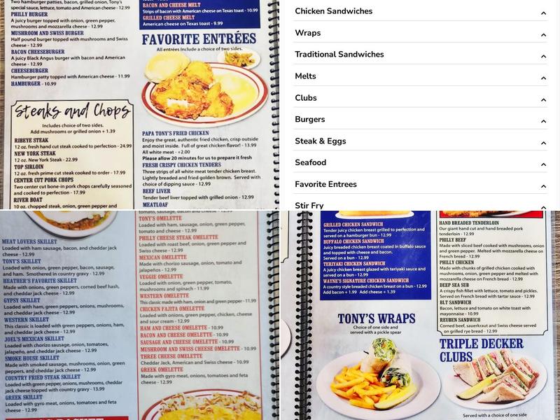 Tony's Family Diner Menu