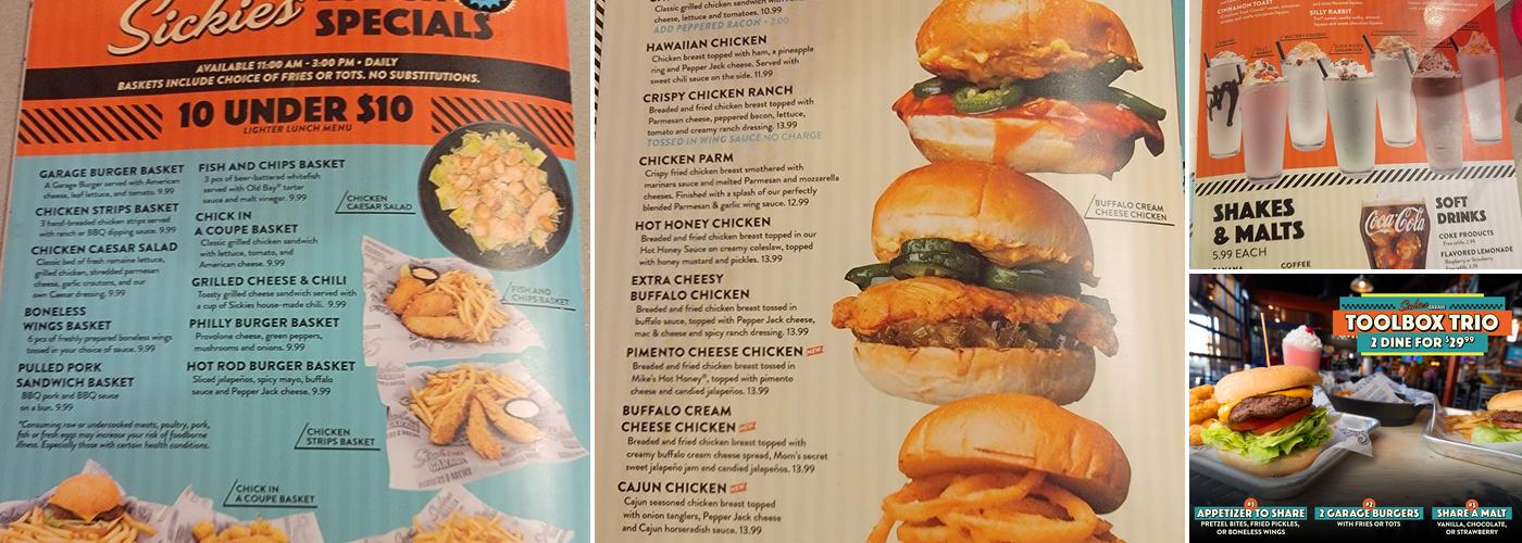 Sickies Garage Burgers & Brews Menu
