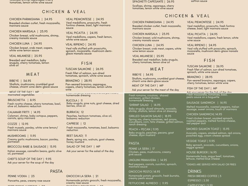 La Sera Italiana BYOB Menu