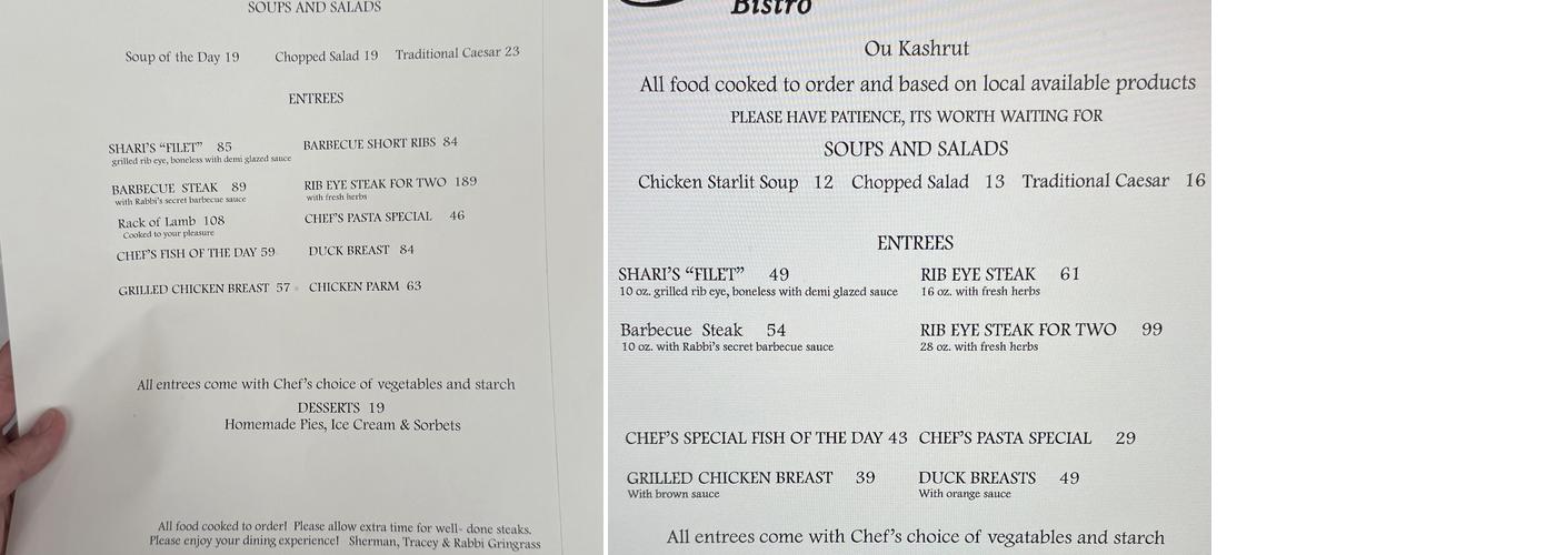 Kosher Shari's Bistro Menu