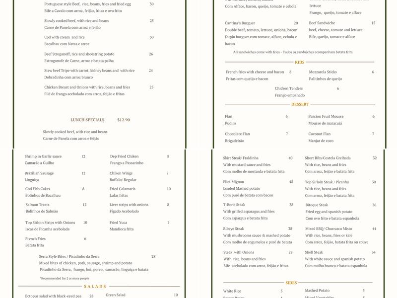 Cantina da Serra Menu