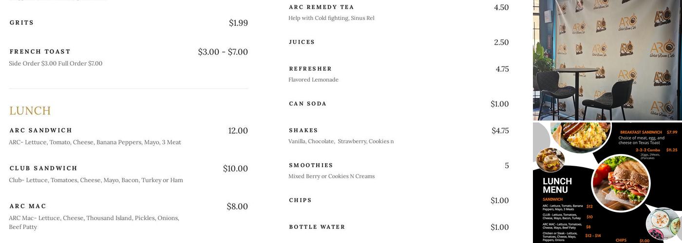 Artist Room Cafe Menu