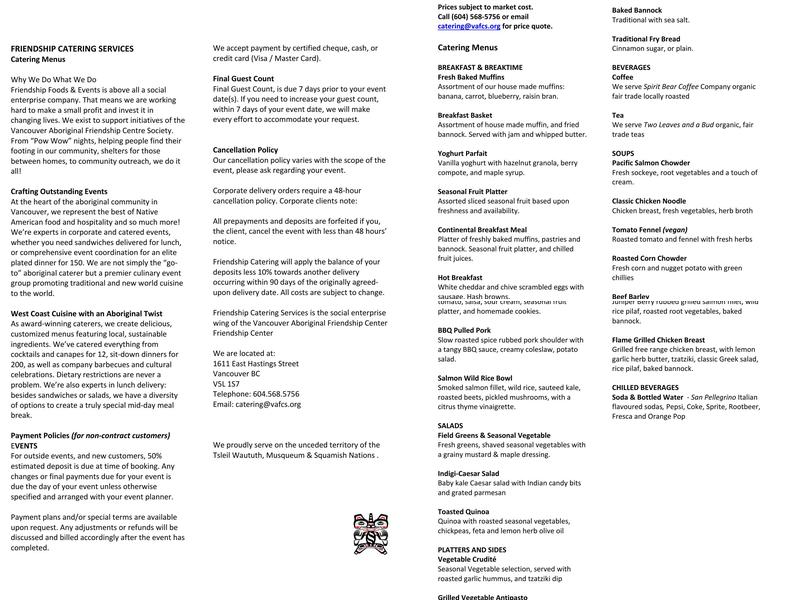 Friendship Catering Services Co Menu