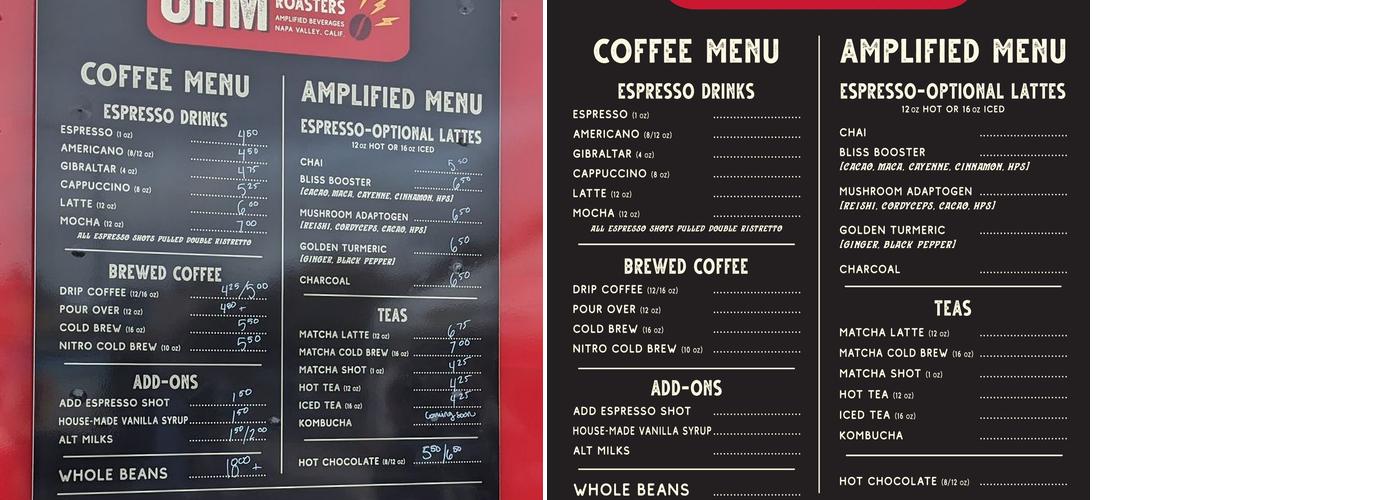 Ohm Coffee Roasters Menu
