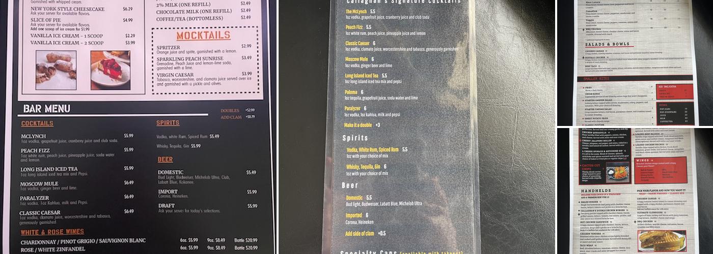 Callaghan's Food and Entertainment Menu