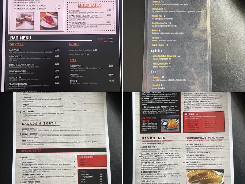 Callaghan's Food and Entertainment Menu