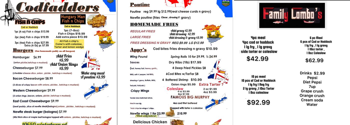 Codfadders chippy Winterburn Menu