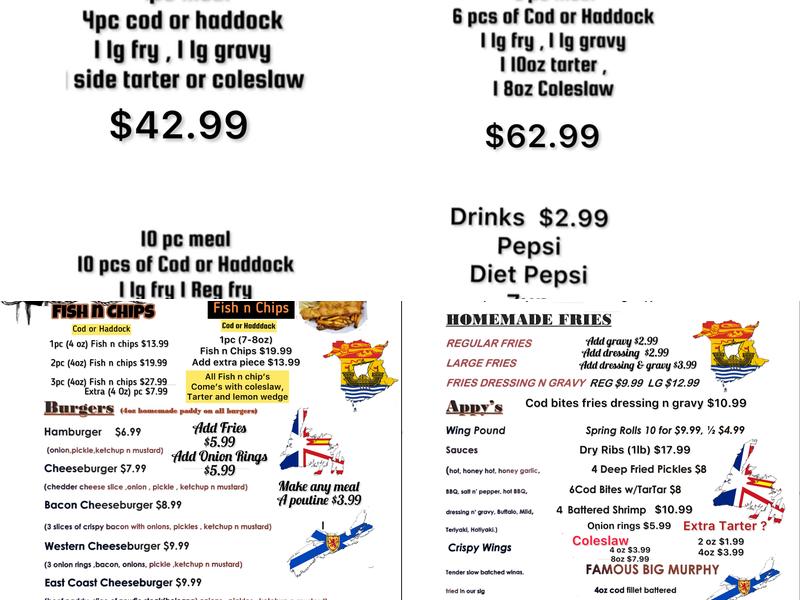 Codfadders chippy Winterburn Menu