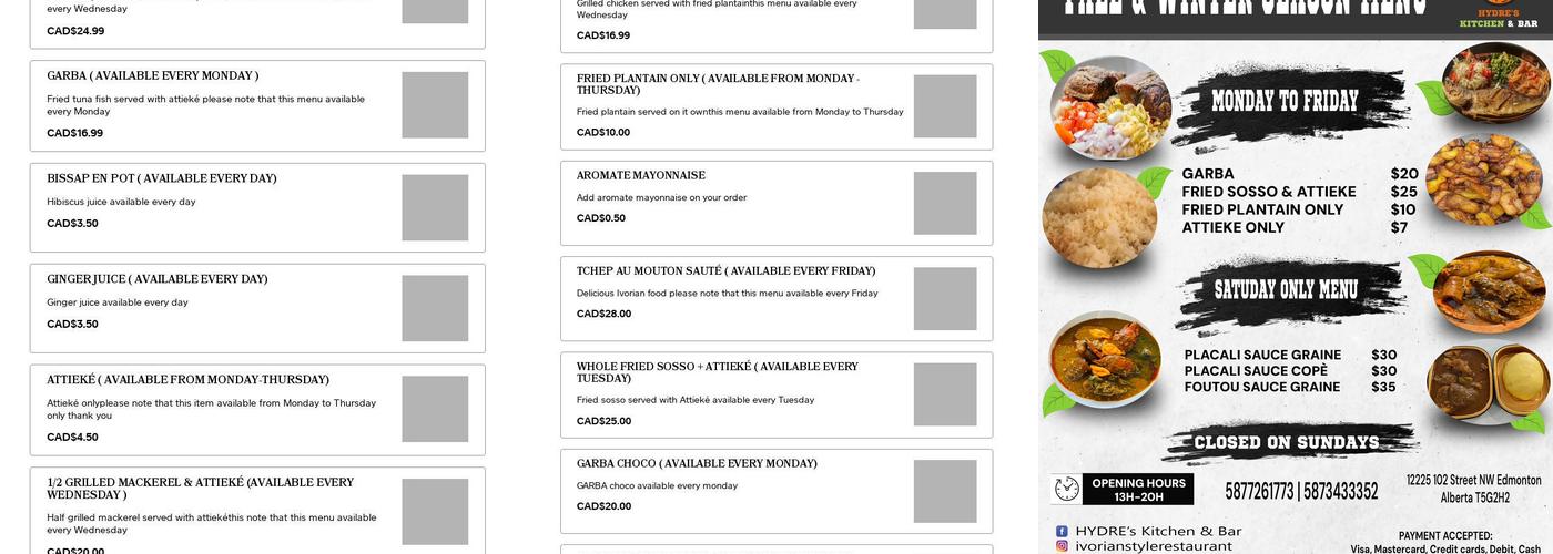 HYDRE'S KITCHEN & BAR Menu