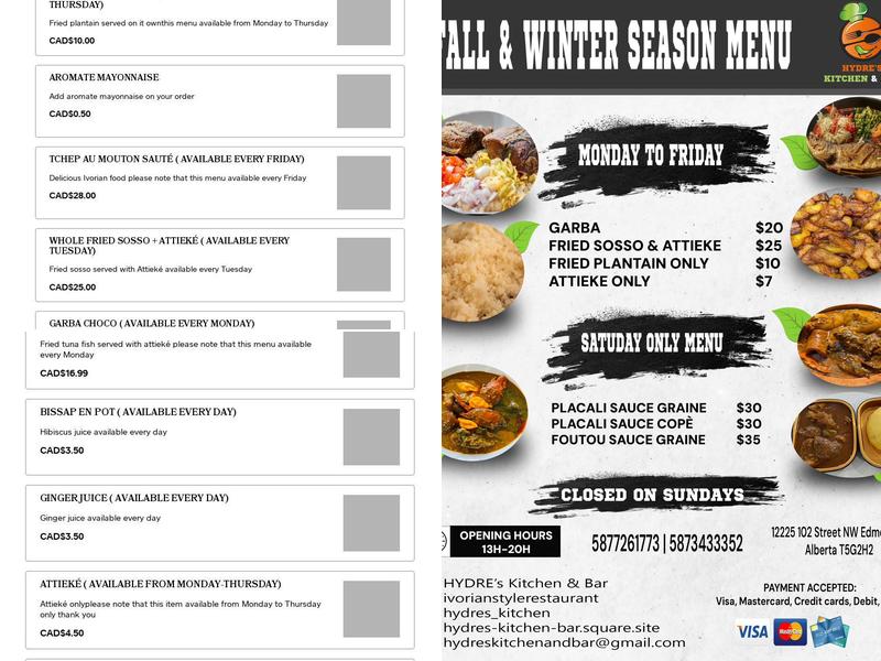 HYDRE'S KITCHEN & BAR Menu