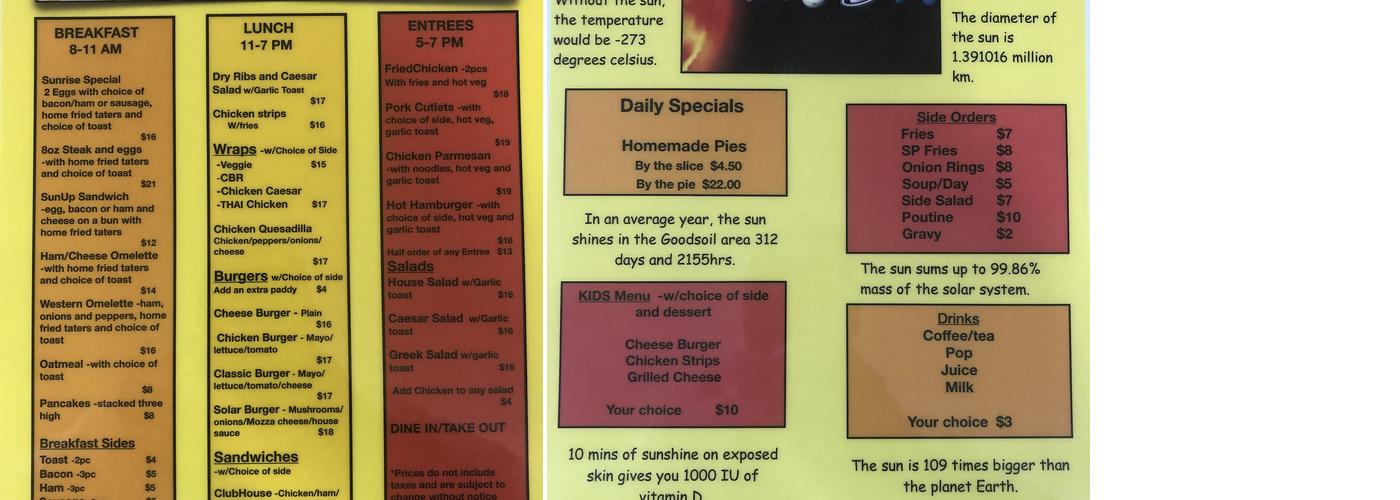 The Sunshine Cafe Menu