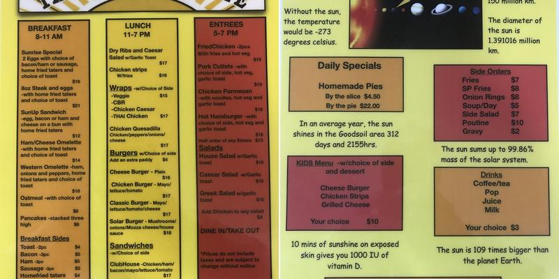 The Sunshine Cafe Menu