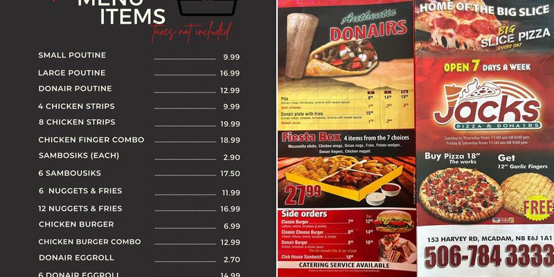 Jacks pizza and donairs Menu