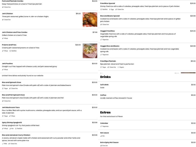 Afro Caribbean Cuisine Menu